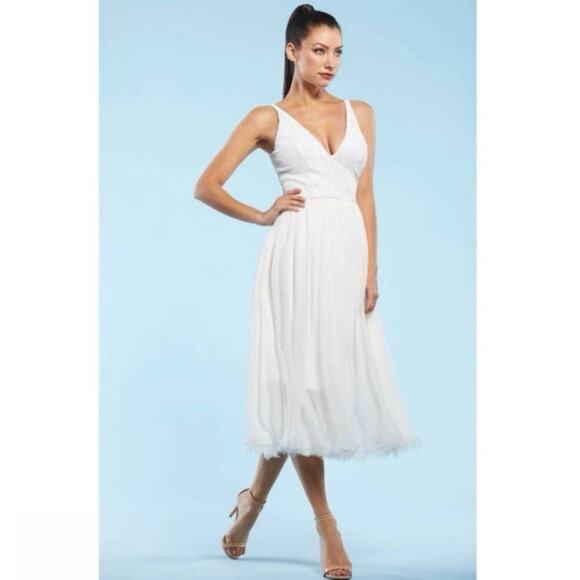 Dress The Population Women's Tracy Plunging Sequin Bodice Tea Length White Dress - Picture 1 of 14